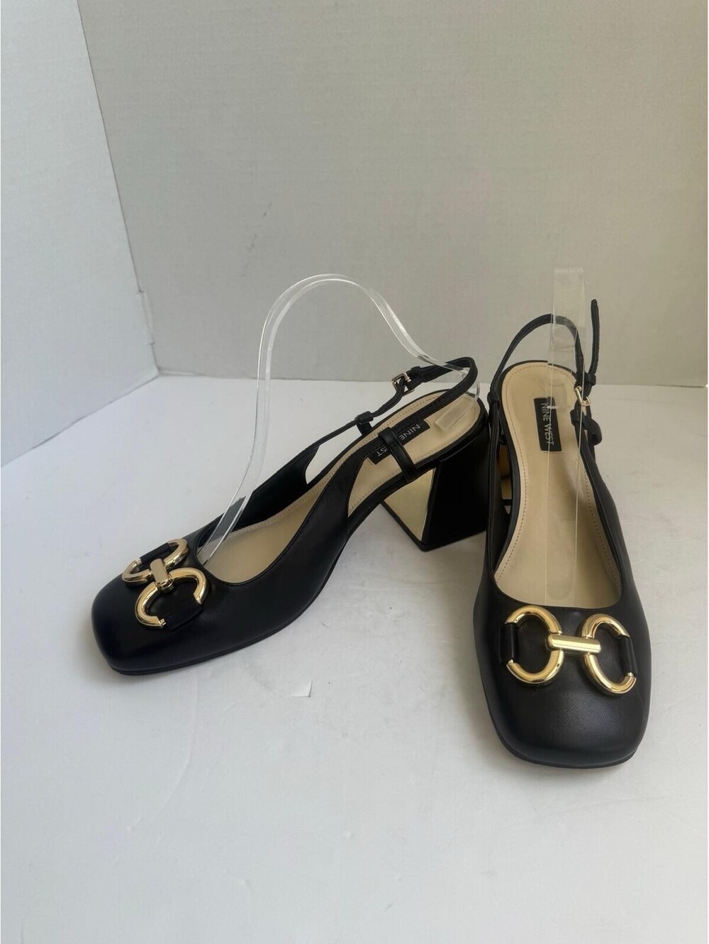 Nine West Cast Leather Block Heel Slingback Pump – Black – Square Toe Design - Picture 5 of 14